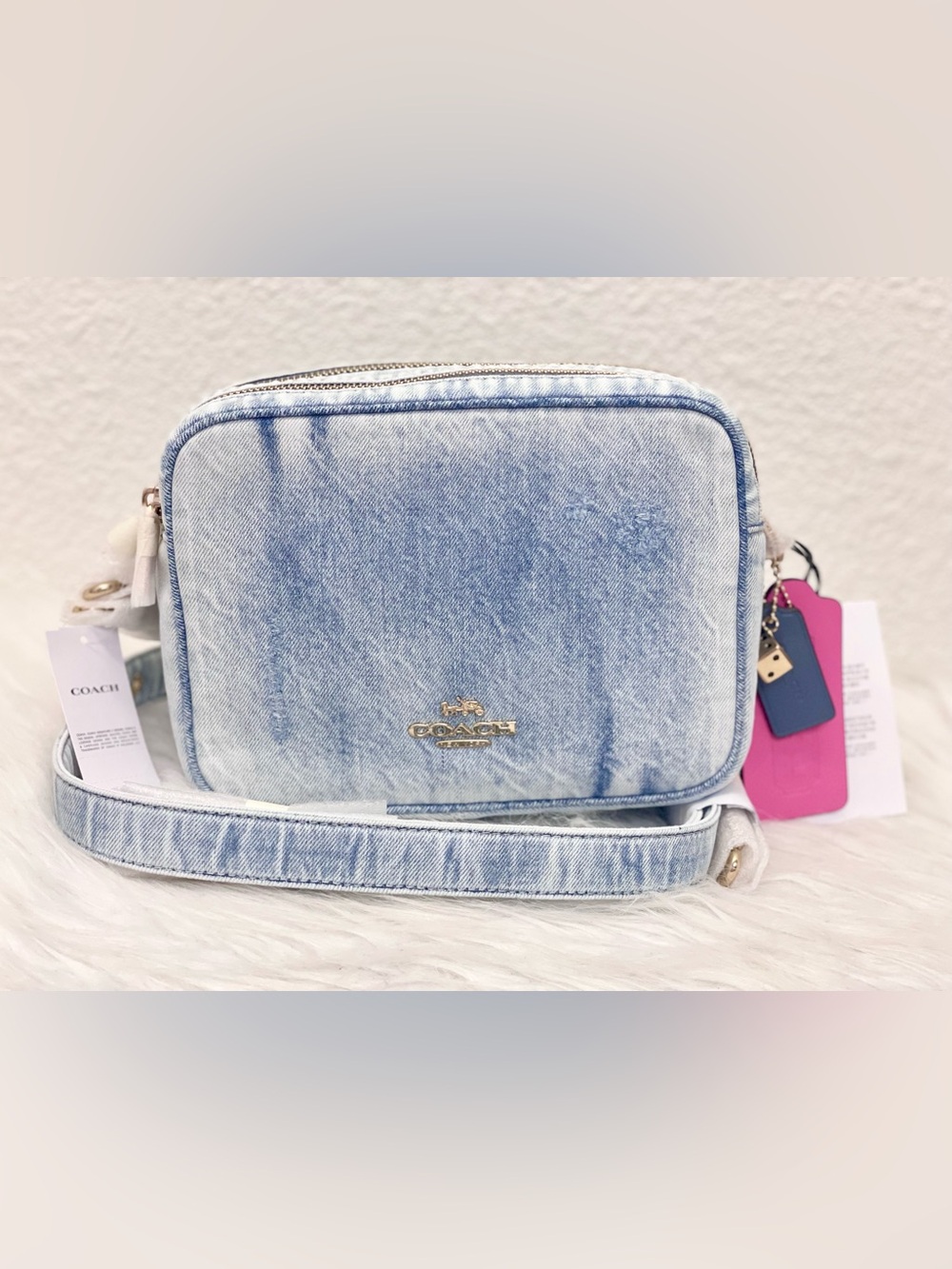 Coach Carey Crossbody Bag In Loved Denim With Charms Light Indigo CEK67